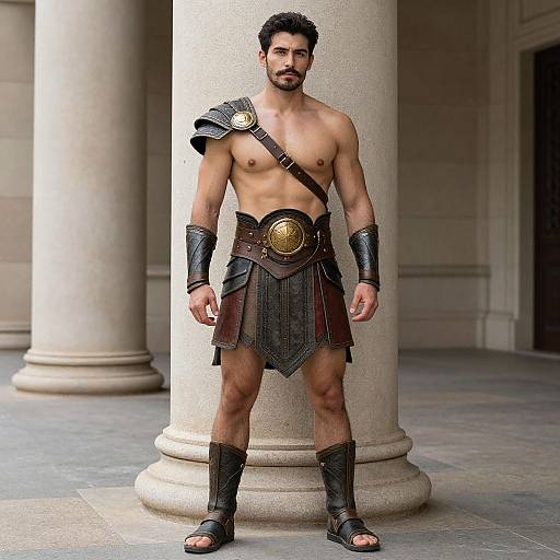 Photorealistic CGI of a muscular, bearded man in ancient Roman armor, standing in a classical columned hall, wearing a leather skirt, arm