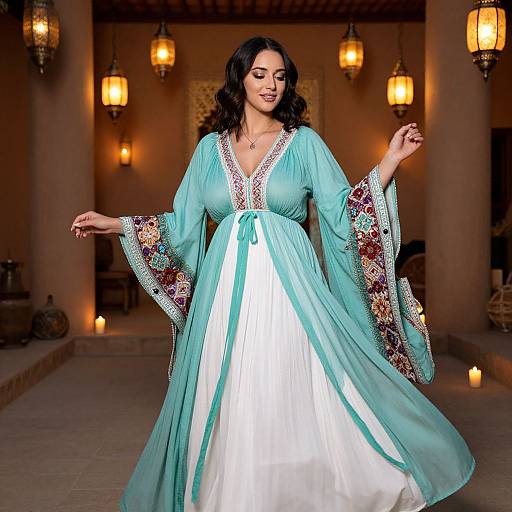 Photograph of a dark-haired woman in a turquoise and white traditional dress with embroidered sleeves, standing in a warmly lit, lantern-adorned room.