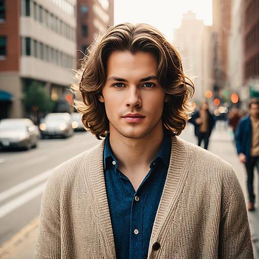 Young Man with Wavy Hair on City Street