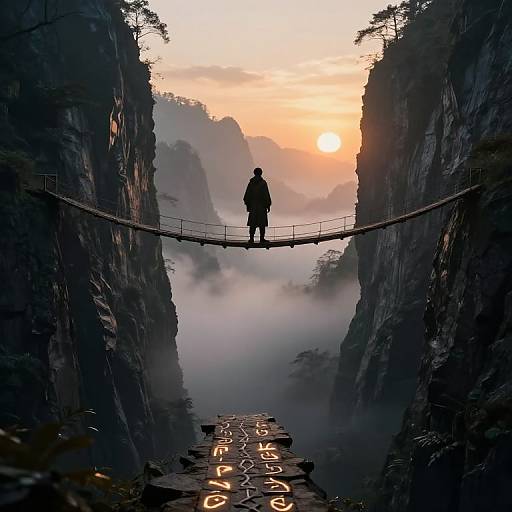 Silhouetted figure on a narrow rope bridge between towering cliffs at sunrise, misty valley below, orange sunlight, dramatic landscape photograph.