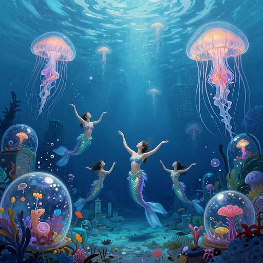 Digital illustration of four mermaids with shimmering tails, arms raised, surrounded by jellyfish and colorful coral in a vibrant underwater scene.