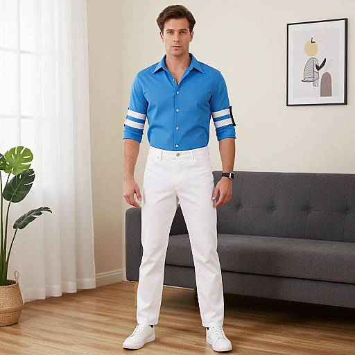 Photograph of a handsome man in a blue button-up shirt with white stripes, white pants, and white shoes, standing in a modern living room with