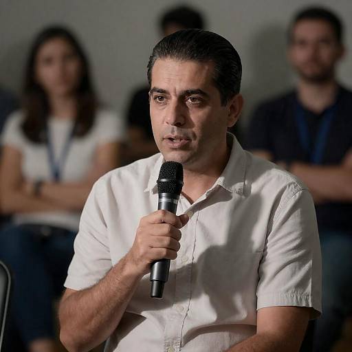 Spotlit Portrait of Man Speaking into Mic