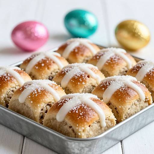 Photograph of a metal baking tray with golden-brown, sugar-dusted, white-glazed doughnuts, topped with sugar crystals, blurred colorful Christmas