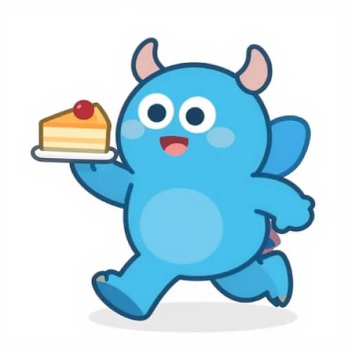 Cute, blue, cartoon monster with horns and tail, holding a slice of cake with a cherry, smiling happily. Digital drawing.