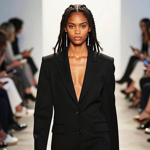 Photograph of a black woman with long braids, wearing a deep V-neck black blazer, walking down a brightly lit runway.