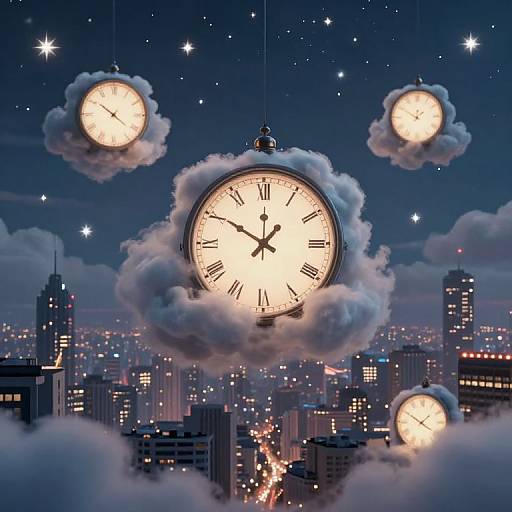 Ethereal Clocks Over Surreal Cityscape