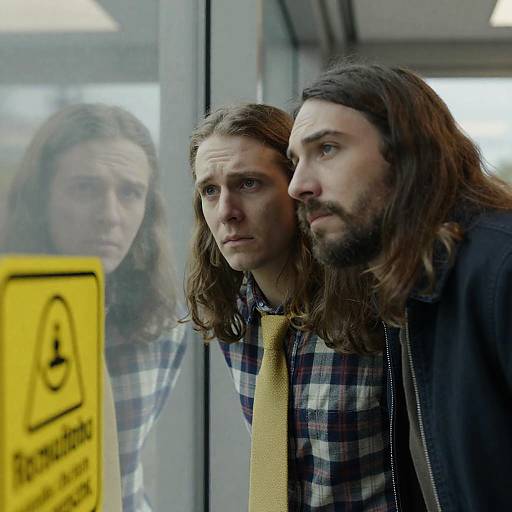 Men Observing Warnings through Glass Window