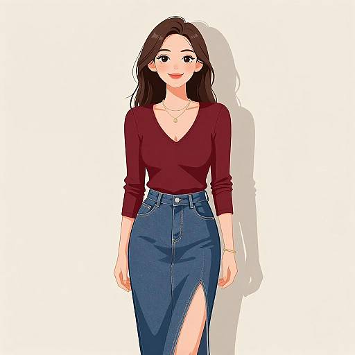 Digital anime-style drawing of a smiling woman with long brown hair, wearing a red long-sleeve top and high-waisted blue skirt with a