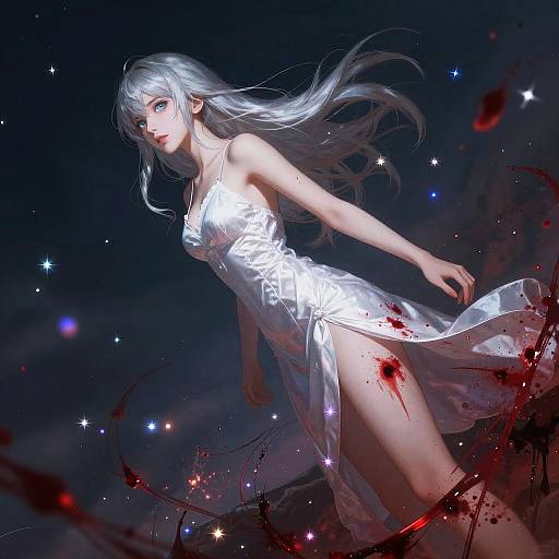 Silver-Haired Woman in White Dress with Blood Splatter