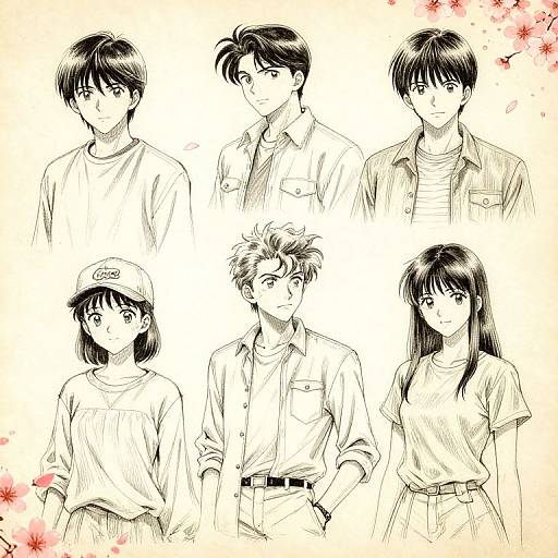 Black-and-white anime-style sketch of six characters, three males and three females, wearing casual clothes, standing against a white background with red flower accents.