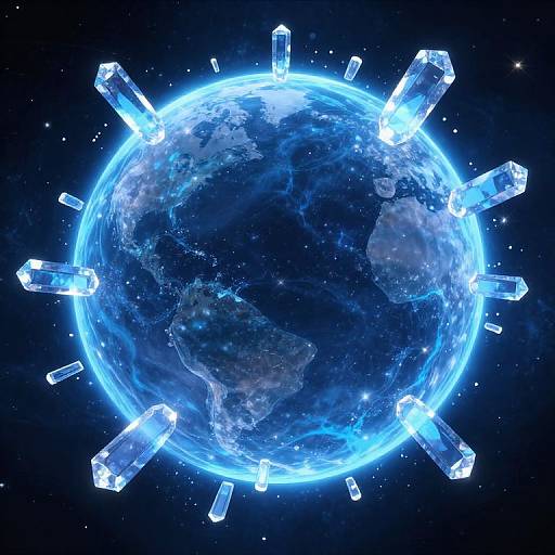 CGI image of a glowing blue Earth with 12 crystal-like spikes radiating from its surface, set against a dark starry background.