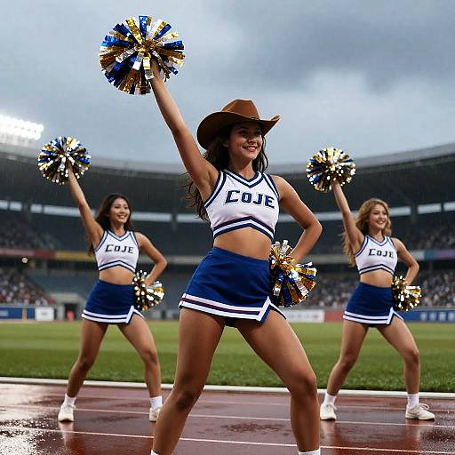 Twilight Cheerleaders Performing in Rainy Stadium