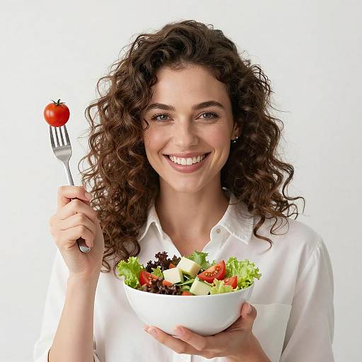 Smiling Woman Holding Colorful Salad