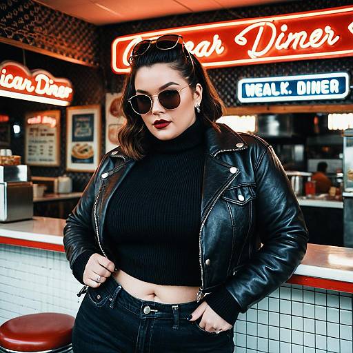 Curvy Woman in Leather Jacket at Vintage Diner
