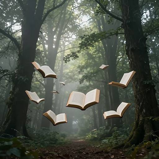Floating Books in Misty Forest