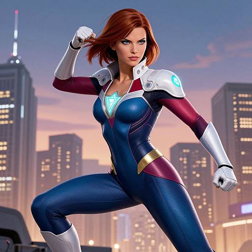 CGI image of a red-haired woman in a blue, maroon, and white superhero suit with glowing chest emblem, posing against a sunset city skyline