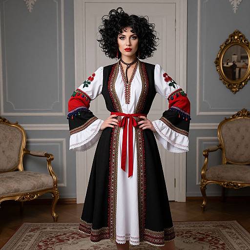 Photorealistic CGI of a curly-haired woman in a black and white traditional dress with red accents, standing in an ornate room.