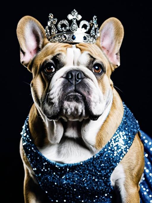 Bulldog Wearing Crown and Sparkly Dress