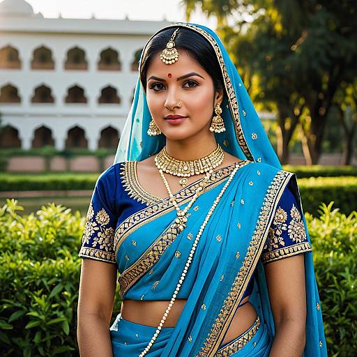 Elegant Indian Woman in Blue Raya Costume