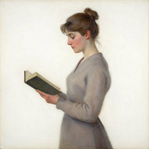 Digital painting of a young woman with fair skin and brown hair in a bun, wearing a gray long-sleeve dress, intently reading a black