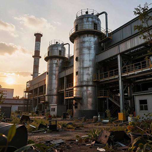 Photograph of an abandoned, rusted industrial factory with two large cylindrical towers and a tall chimney at sunset, surrounded by overgrown weeds and debris.
