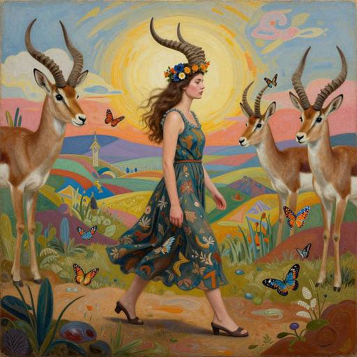 Magical painting of a woman with curly hair and flower crown, wearing a floral dress, walking between two antelopes with colorful butterflies, vibrant sunset