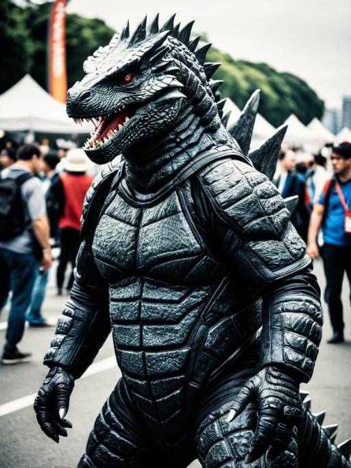 Man in Detailed Godzilla Costume at Cosplay Festival