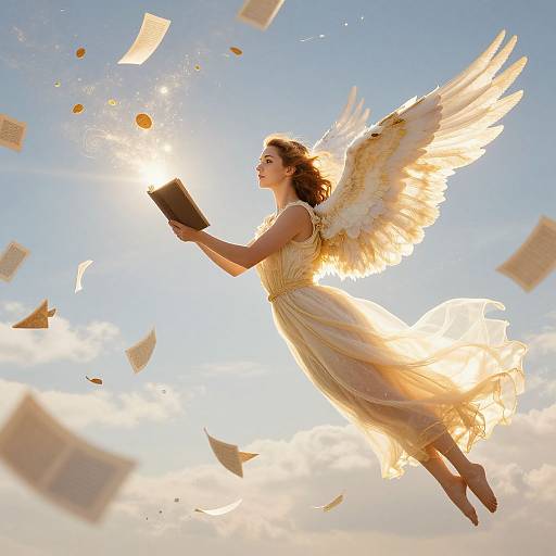 Photograph of an angelic woman with golden wings, white dress, and curly brown hair, floating amidst sunlit sky, surrounded by flying books and
