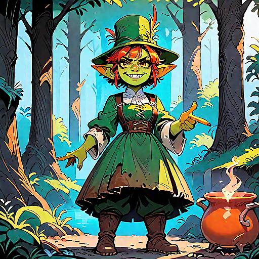 Digital cartoon: Goblin with green dress, hat, and red hair, pointing in enchanted forest with tall trees and glowing blue light. Red cauldron
