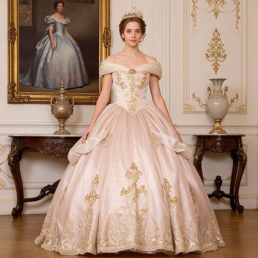 Photograph of a fair-skinned woman in an off-shoulder, gold-embroidered, pink satin ball gown, standing in an orn