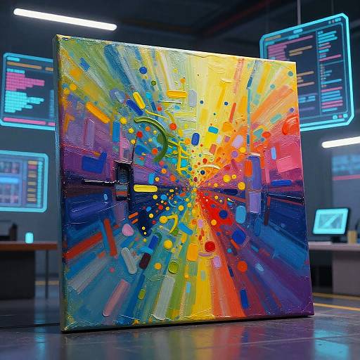 Vibrant abstract painting with splashes of yellow, blue, red, and orange on a dark background, displayed in a brightly lit, futuristic gallery