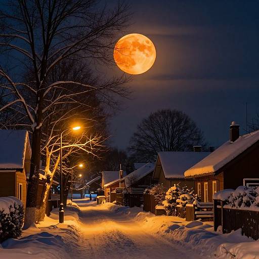 Photograph of a snow-covered suburban street at night with a glowing full moon, illuminated streetlights, and snow-covered houses.