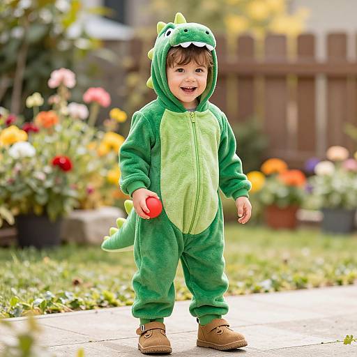 Photograph of a smiling toddler in a green dinosaur onesie, holding a red ball, standing on a sunny garden path.