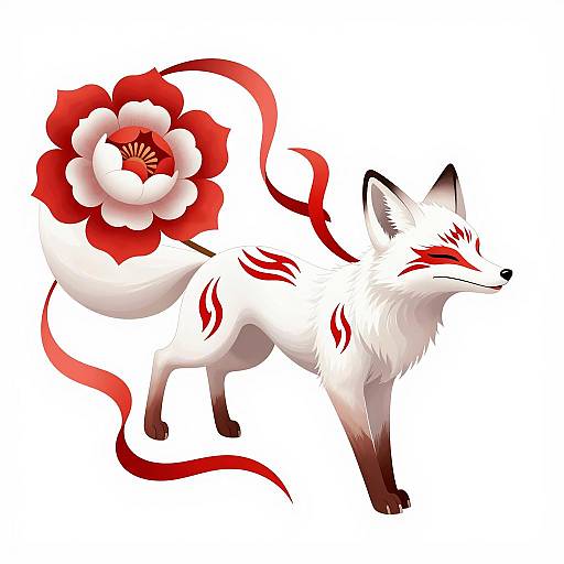 Tribal White Fox with Ribbons and Flower