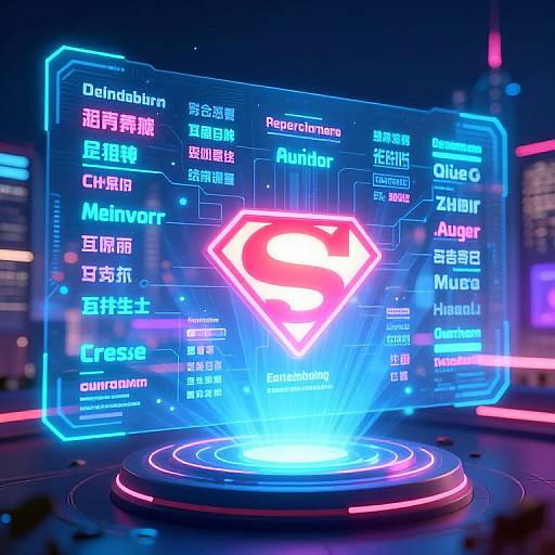 Neon-lit digital interface with glowing Superman logo at center, surrounded by colorful cityscape and futuristic screens displaying names in Chinese and English.