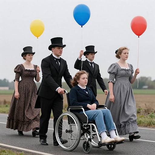 Group in Victorian Attire with Wheelchair and Balloons