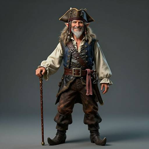 Photograph of a smiling, elderly, fantasy-style pirate with long white beard, tricorn hat, fur collar, leather vest, and brown pants,