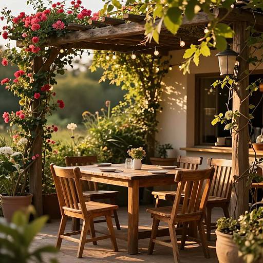 Photograph of a wooden pergola adorned with vibrant pink and red roses, surrounding a sunlit wooden dining table and chairs, with potted plants and