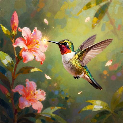 Cheerful Hummingbird Painting Flowers in Tropical Garden