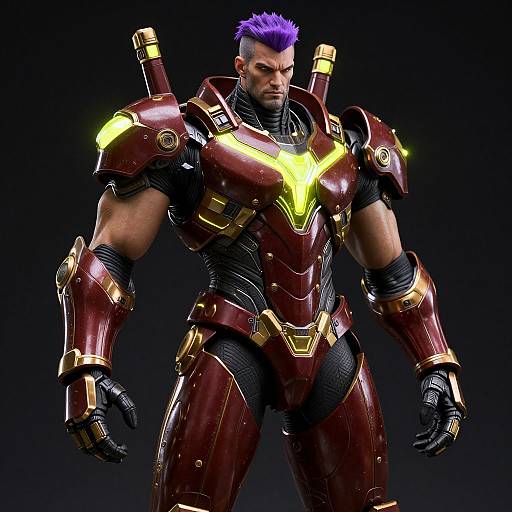 CGI image of a muscular man with purple hair in maroon and gold futuristic armor, glowing yellow accents, black background.