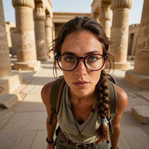 Photograph of a freckled, brunette woman with braided hair, black glasses, and green shirt, kneeling in a sunlit ancient Egyptian temple