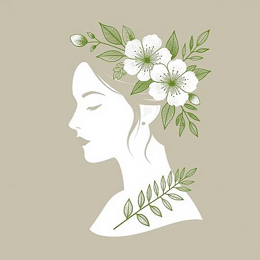 Silhouette of a woman with closed eyes, adorned with green floral and leafy headpiece, set against a beige background. Digital art.