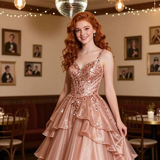 Photograph of a smiling red-haired woman in a pink, sequin-embellished, tiered ball gown, standing in a warmly lit,