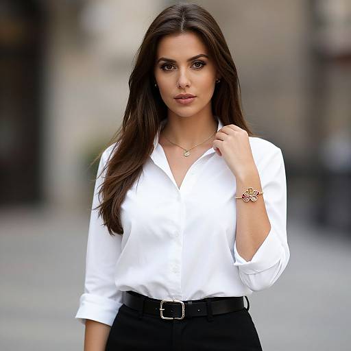 Photograph of a beautiful, dark-haired woman with long hair, wearing a white blouse, black pants, and gold jewelry, standing confidently outdoors.