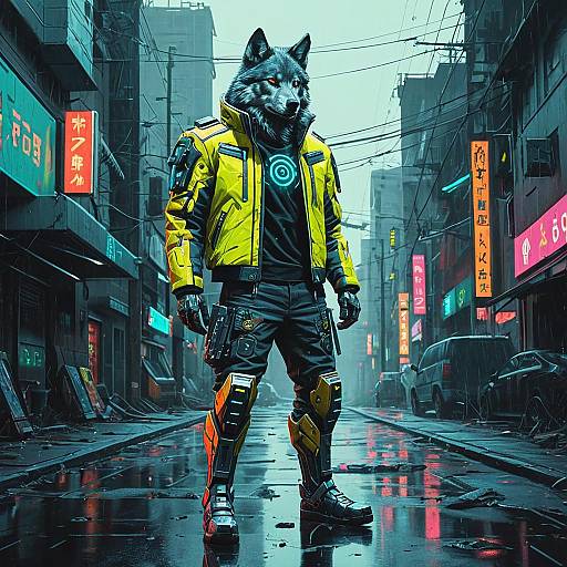 Cybernetic Wolf in Neon Armor on Futuristic Street