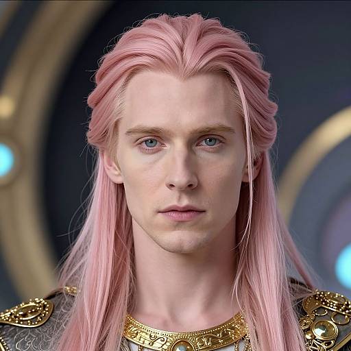 CGI portrait of a pale-skinned, blue-eyed man with long pink hair, wearing ornate gold armor, against a blurred circular blue and gold