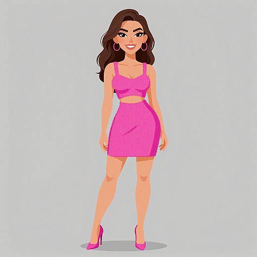 Digital illustration of a smiling woman with long brown hair, wearing a pink crop top and matching skirt, pink high heels, and large hoop earrings, standing