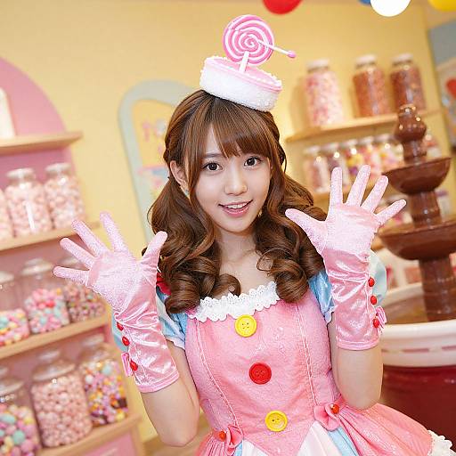 Photograph of an Asian woman in a pink, puffed-sleeve, candy-themed costume with white swirl hat, red buttons, and gloves,
