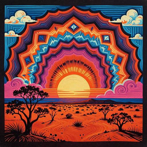 Surreal Psychedelic Linocut Outback Sunrise